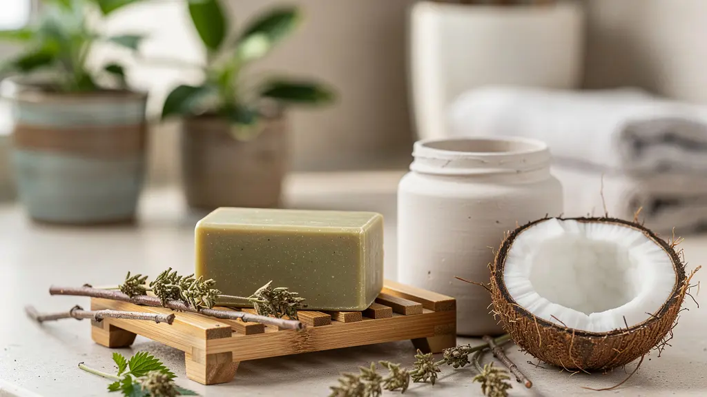 Galet de shampoing solide antipelliculaire avec ingrédients naturels ortie et argile